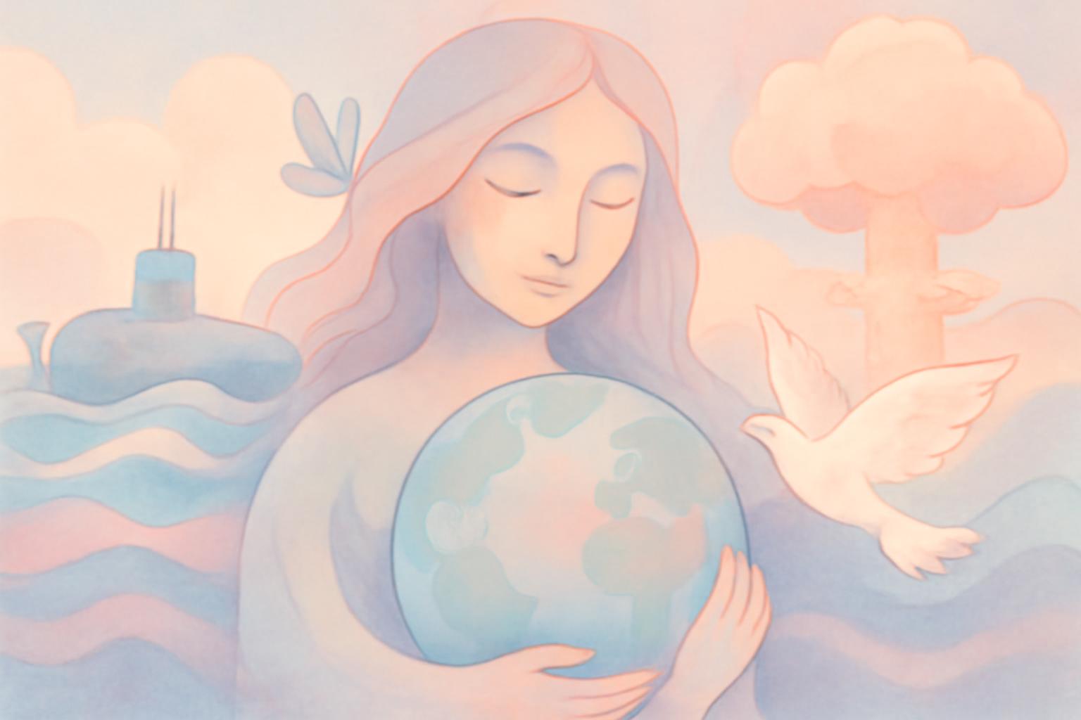 Nuclear submarines stoke global tensions, turning oceans into battlegrounds and poisoning hope, as Mother Earth pleads for peace and renewal 🌊🕊️💣